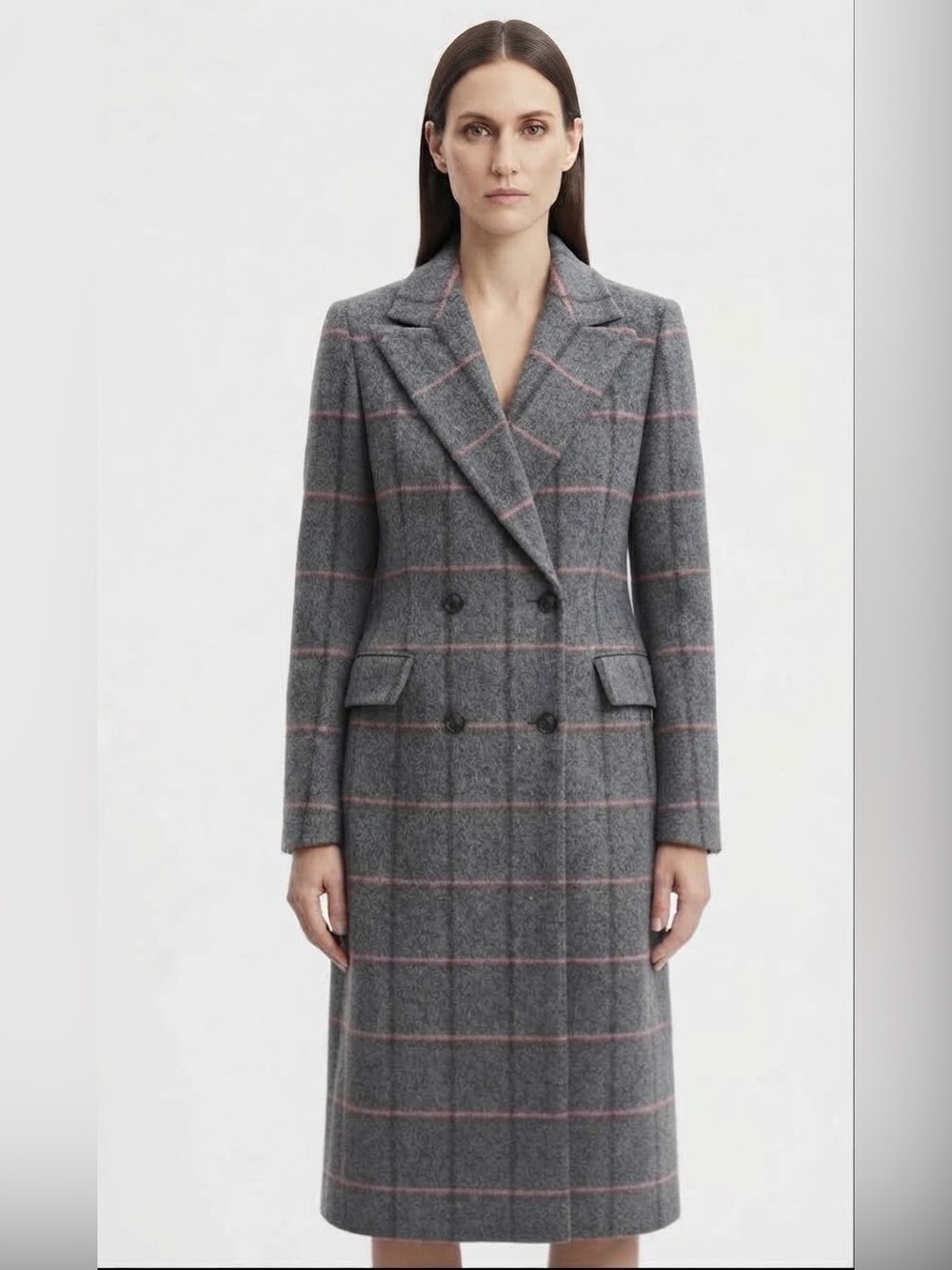 École de Paris Grey Pink Plaid Wool Cashmere Blend Double Breasted Midi Coat: S